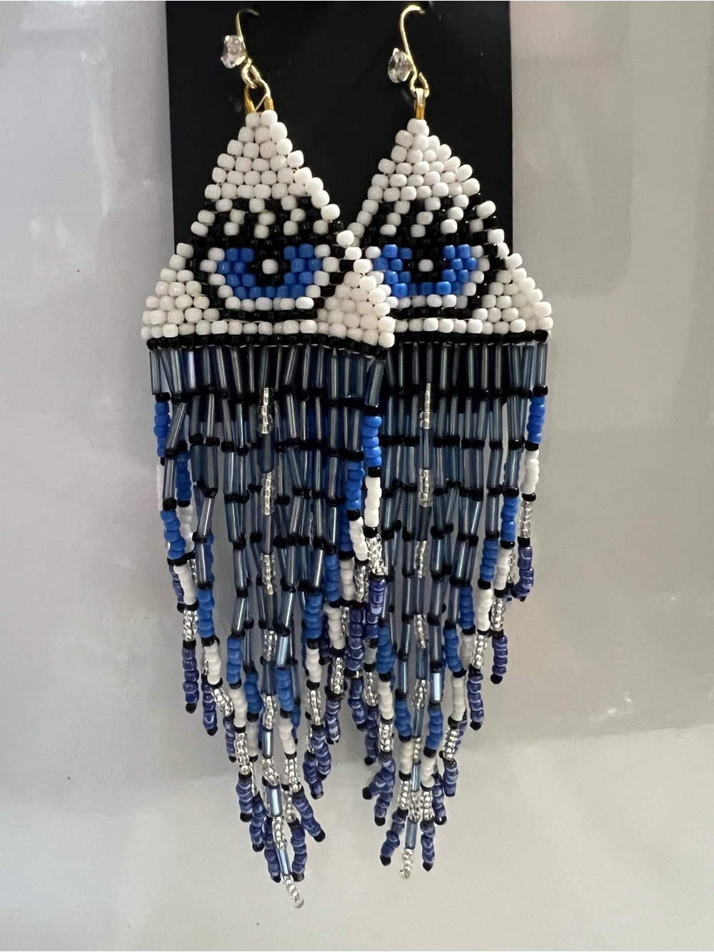 Blue & White Beaded Eye Fringe Earrings